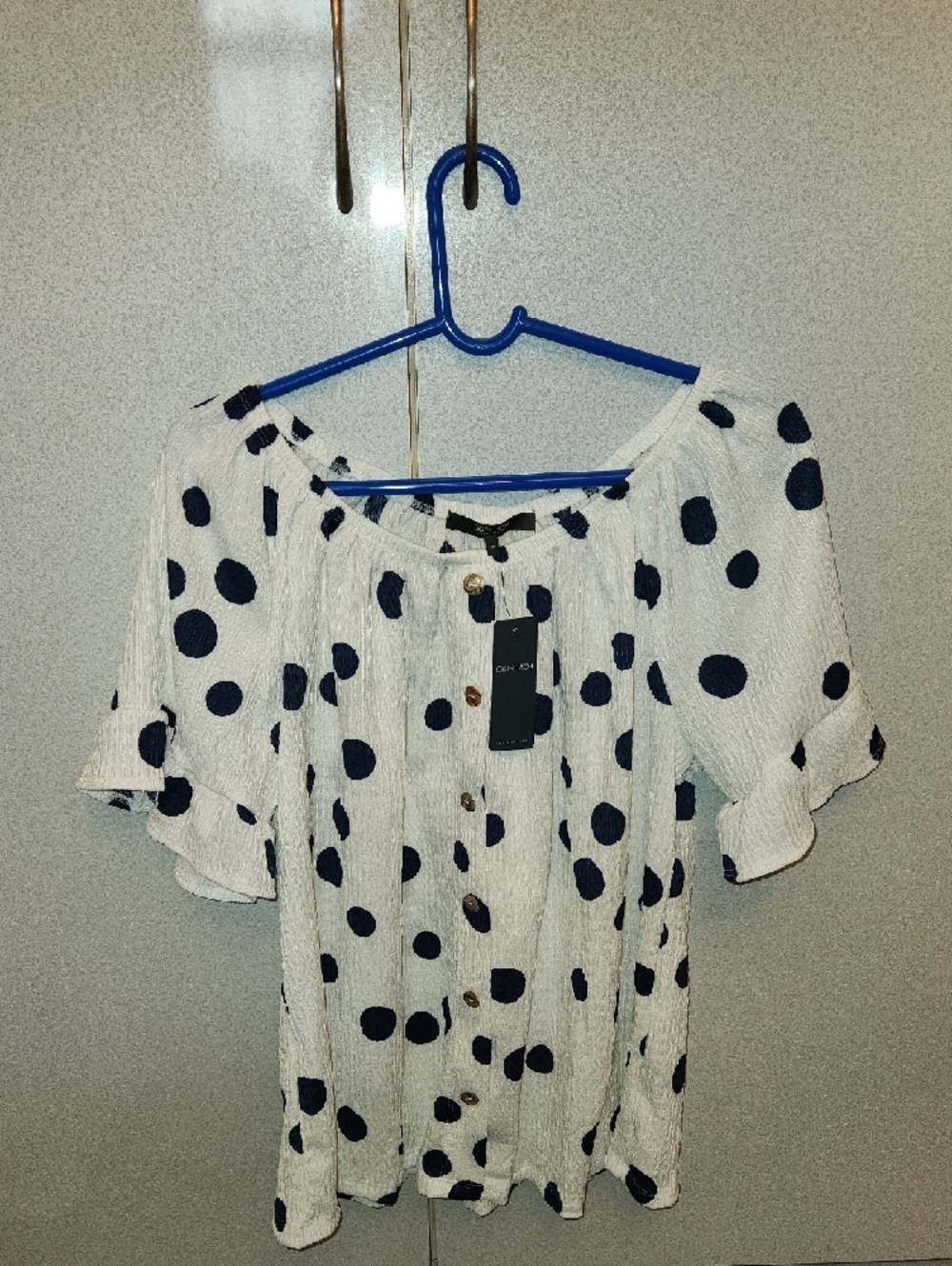 Polka Dot Off-Shoulder Blouse in White with Navy Dots - Picture 2 of 4